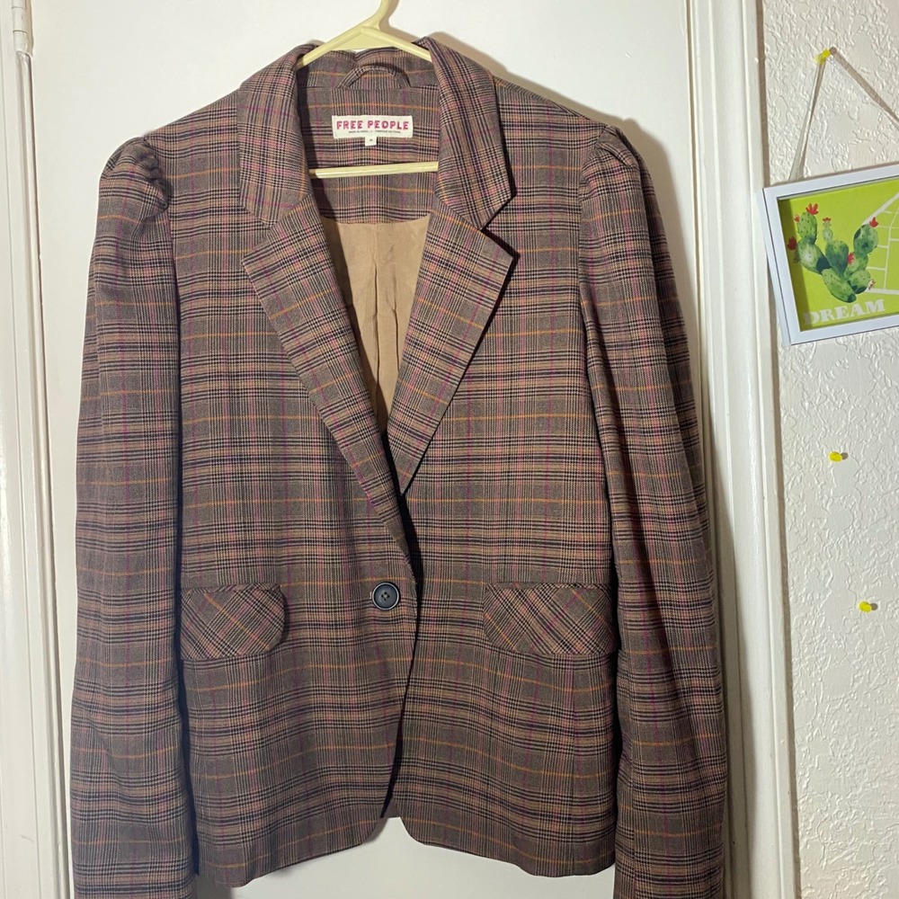 Free People Women's Plaid Blazer Jacket Brown Pink Orange Career Puff Sleeve